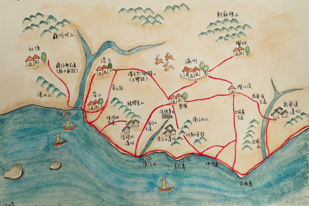 劉於晴手繪的恆春半島東岸古道與史前文化遺址示意圖